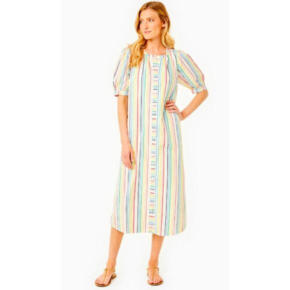 Addison Bay white cotton poplin maxi cabana dress with vertical rainbow stripes - Picture 1 of 9